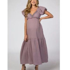 NEW! PinkBlush Lavender Maternity Crochet Trim Ruffle Tiered Maxi Dress